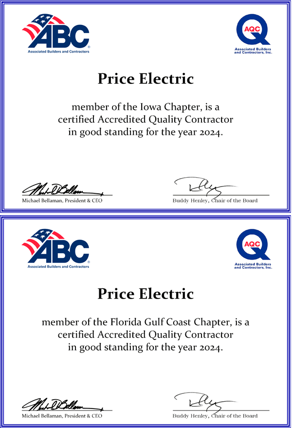 AQC Certificates Price Electric Iowa & Price Electric Florida